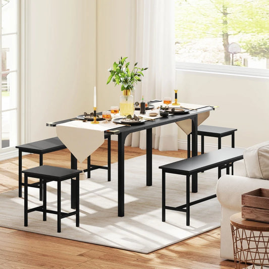 5-Piece Extendable Dining Set with Benches and Stools - Black