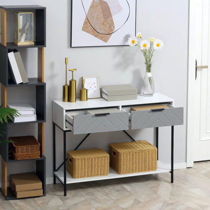 39" Modern Console Table with Herringbone Pattern Drawers, White