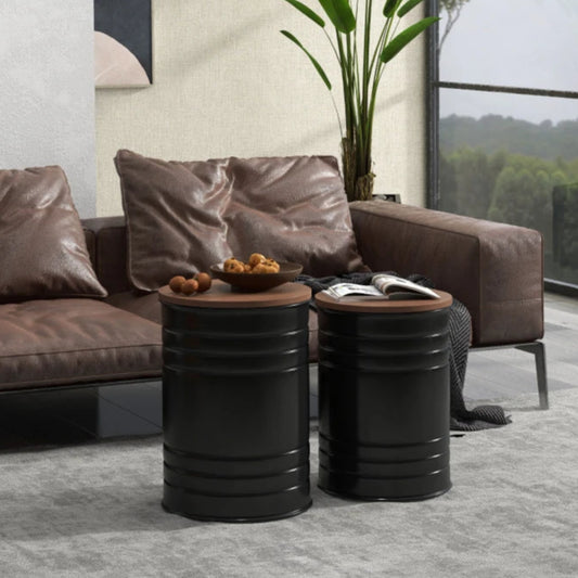 Round Nesting Side Tables with Hidden Storage and Wooden Lids, Black (Set of 2)