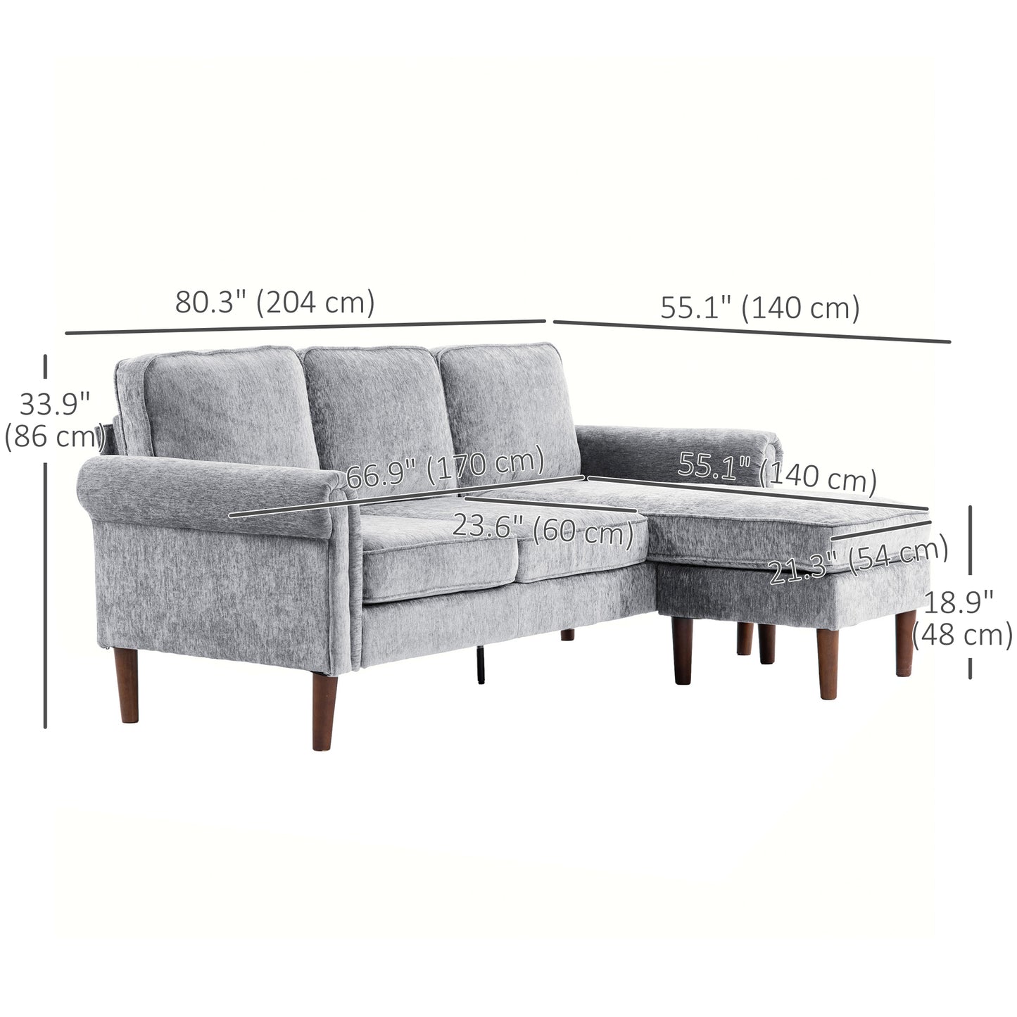 L-Shaped Sectional Sofa with Reversible Chaise Lounge, Grey