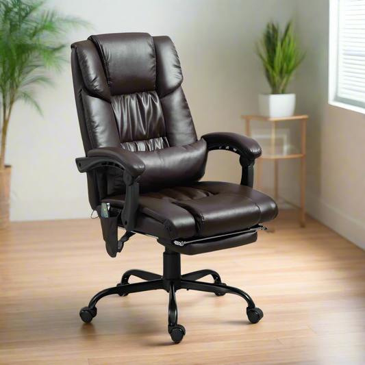 6-Point Massage Office Chair with Adjustable Height and Retractable Footrest, Brown