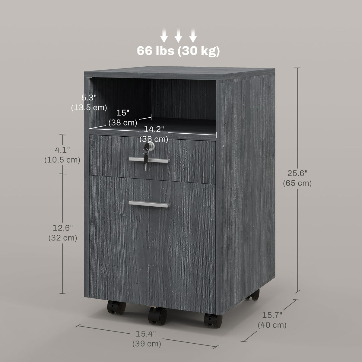 Small Filing Cabinet with 2 Drawers, Lockable Home Office Storage Cabinets on Wheels for A4, Letter Size, Grey