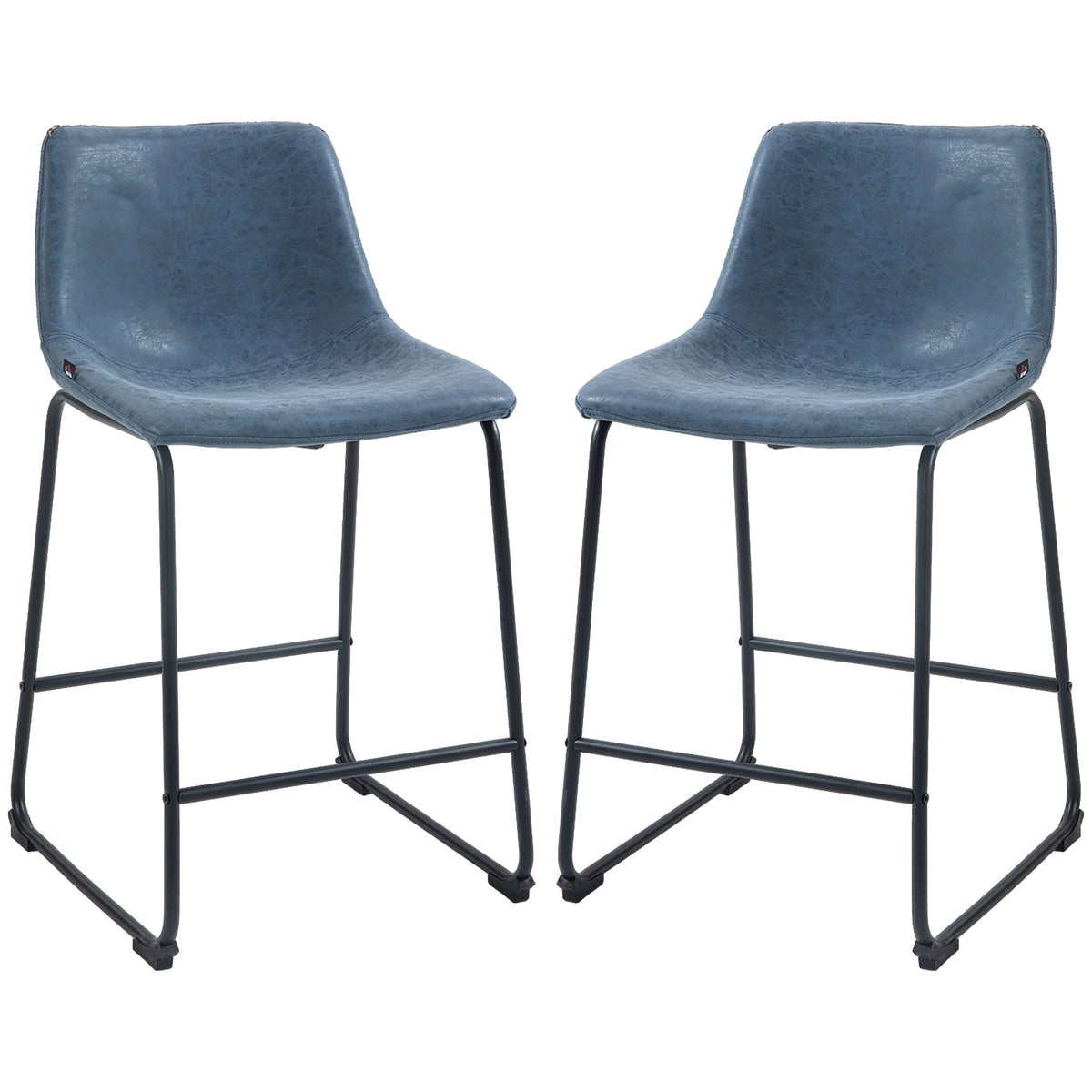 Counter-Height Bar Stools with PU Leather Upholstery and Footrest, Dark Blue (Set of 2)