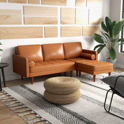 Faux Leather L-Shaped Sectional Sofa with Footstool and Pillows, Brown