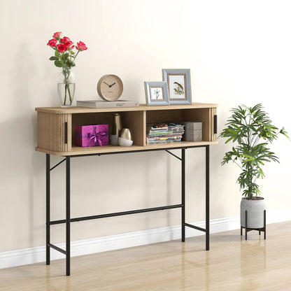 39" Mid-Century Console Table with Sliding Tambour Doors, Oak and Black