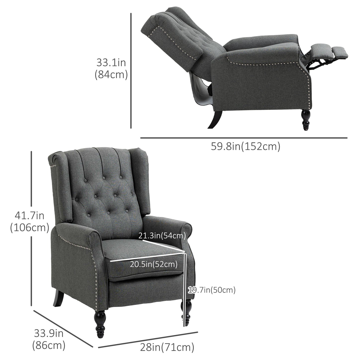 Manual Reclining Chair with Button Tufted Backrest, Dark Grey