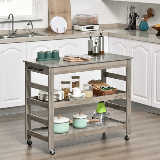 Kitchen Cart Rolling Island with Concrete Effect Top and Wine Rack, Grey