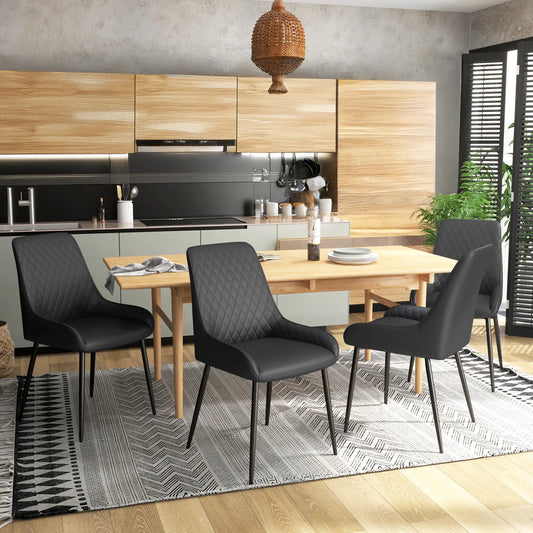 PU Leather Dining Chairs with Diamond Tufting and Metal Legs, Black (Set of 4)