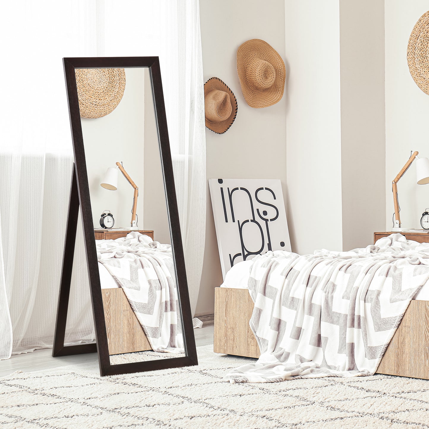 Full Length Rectangular Mirror with Brown Frame, 58" x 20", Floor Standing Design