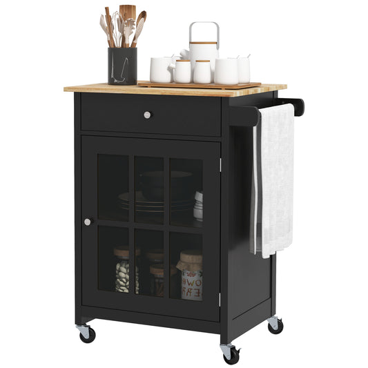 Rolling Kitchen Island Cart with Towel Rack and Glass-Door Cabinet and Drawer, Black
