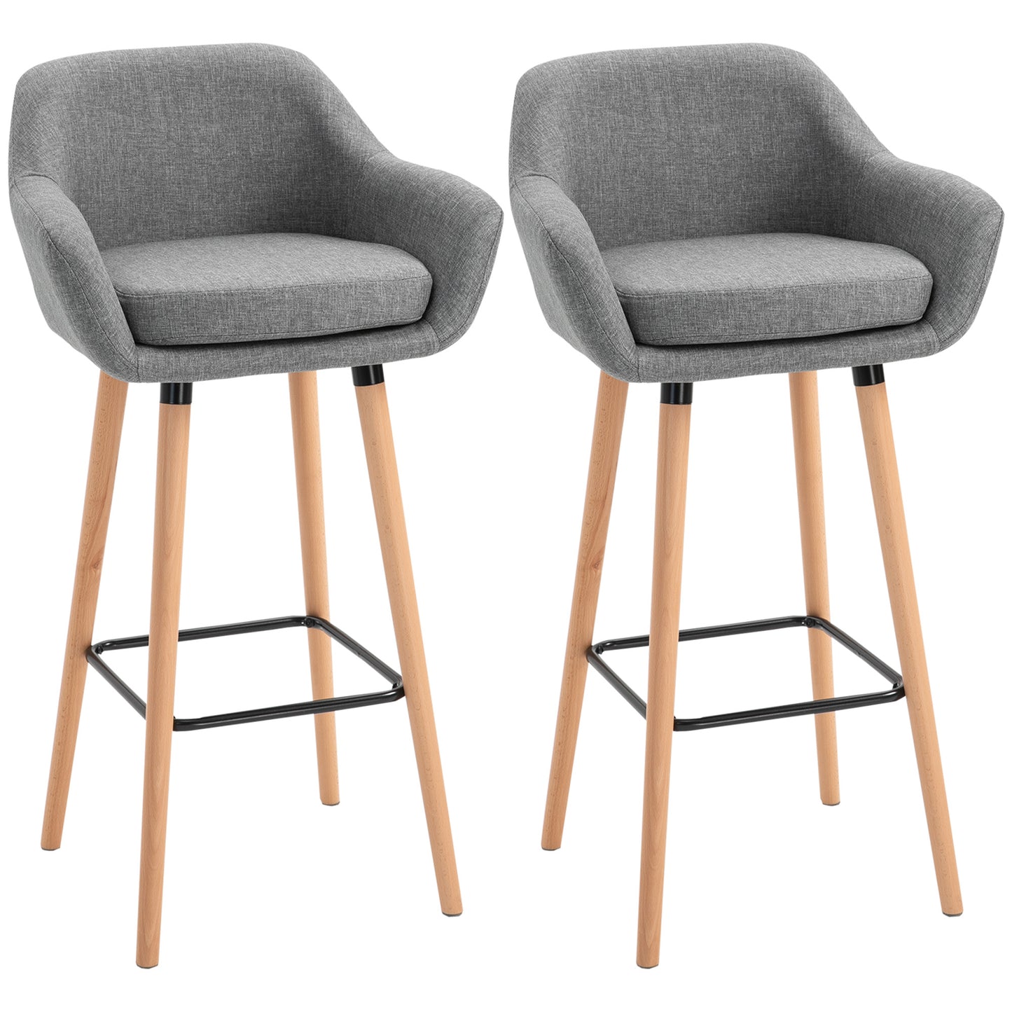 Bar Stools with Linen Fabric and Beech Wood Legs, Gray (Set of 2)