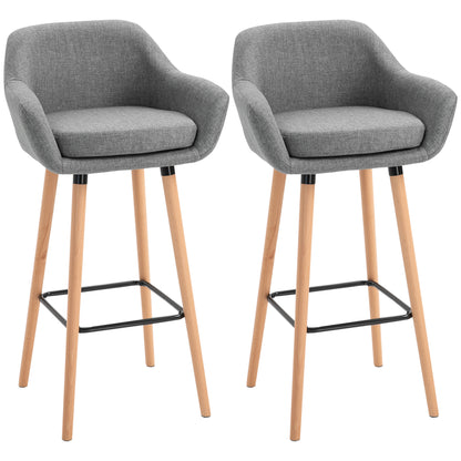 Bar Stools with Linen Fabric and Beech Wood Legs, Gray (Set of 2)