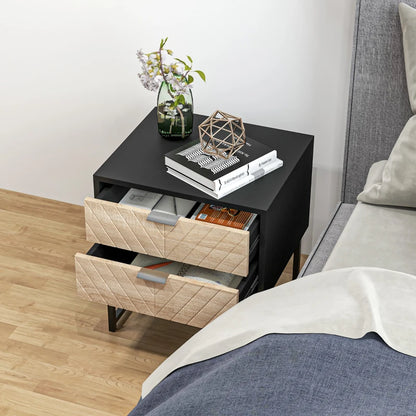 Modern Herringbone Nightstand with Steel Frame, Black and Oak