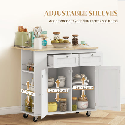 Rolling Kitchen Island Cart with Power Outlet and Drop Leaf and 2 Drawers, White