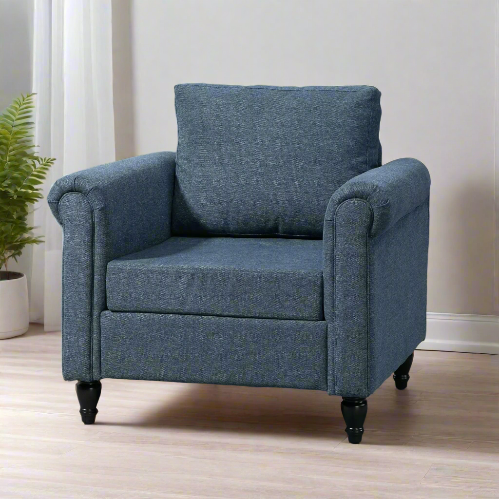 Vintage Armchair, Upholstered Accent Chair with Rolled Arms, Dark Blue