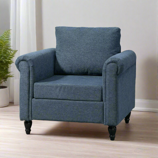 Vintage Armchair, Upholstered Accent Chair with Rolled Arms, Dark Blue