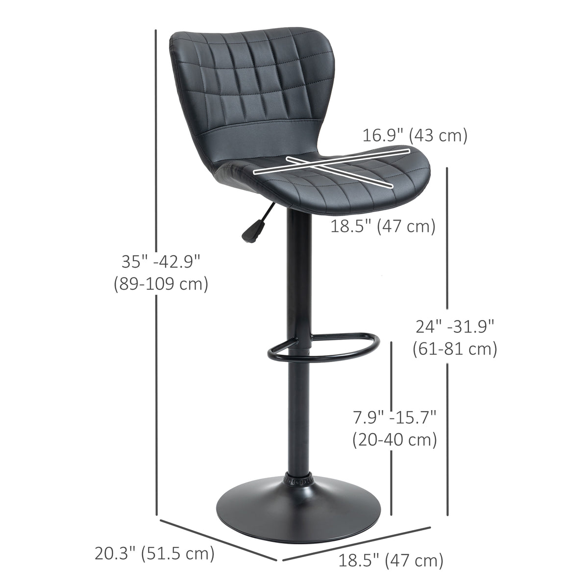 Adjustable Swivel Bar Stools with PU Leather Upholstery and Footrest, Black (Set of 2)