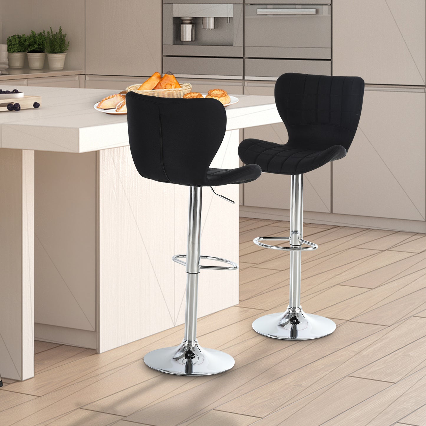 Adjustable Swivel Counter Stools with Linen Fabric, Black (Set of 2)