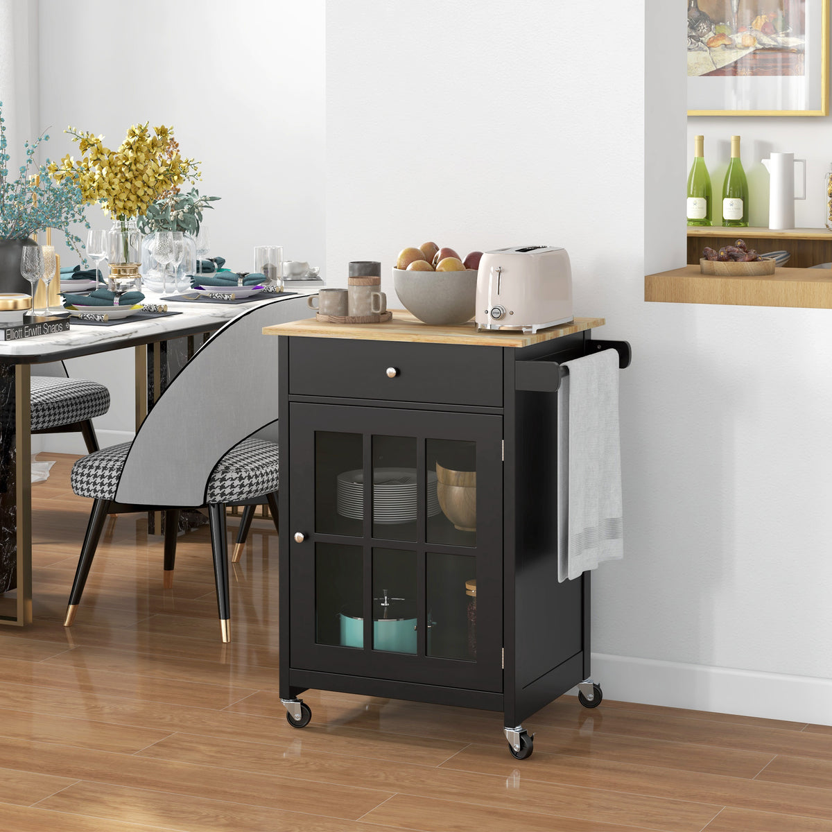 Rolling Kitchen Island Cart with Towel Rack and Glass-Door Cabinet and Drawer, Black