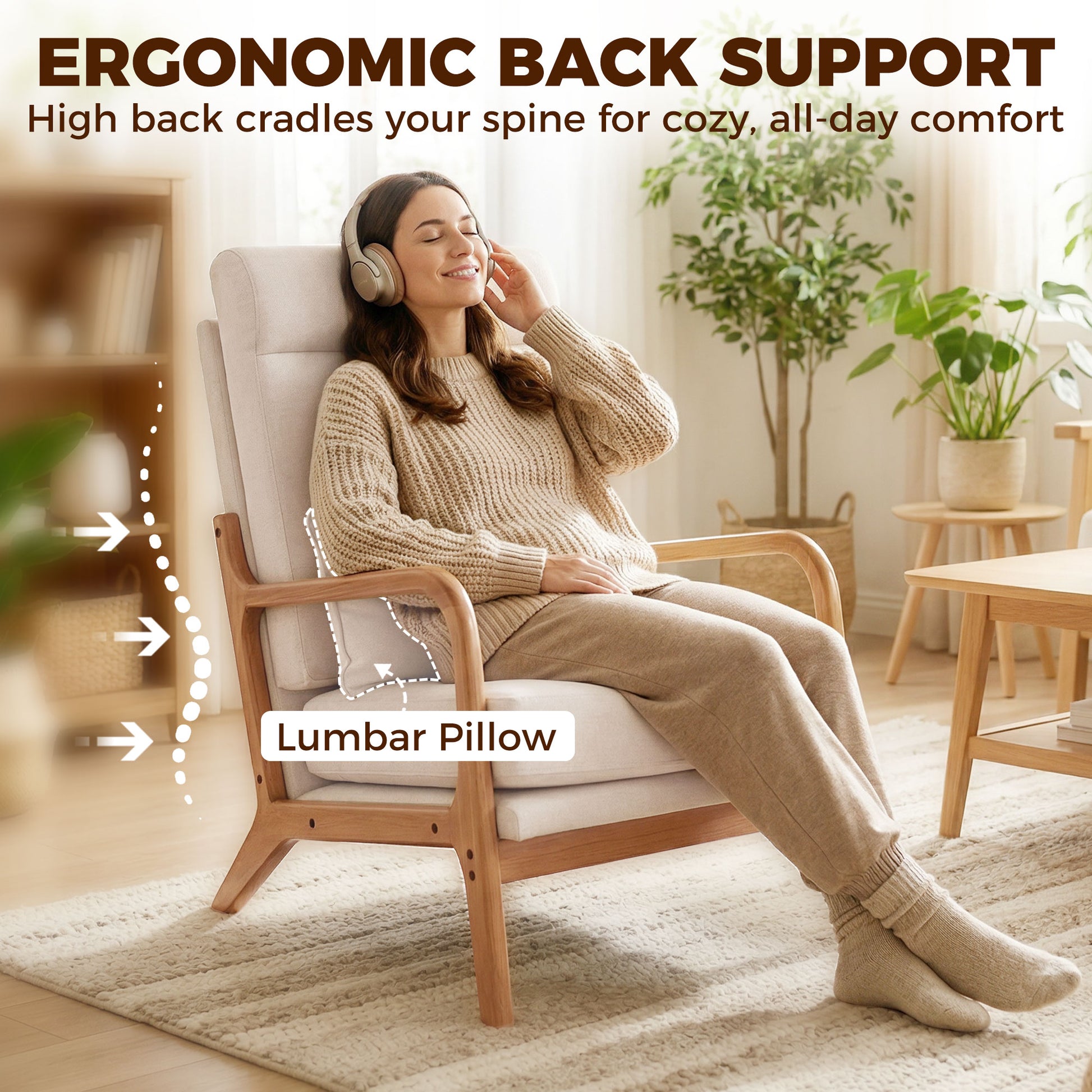 Upholstered Accent Chair with Wood Legs, Cream White