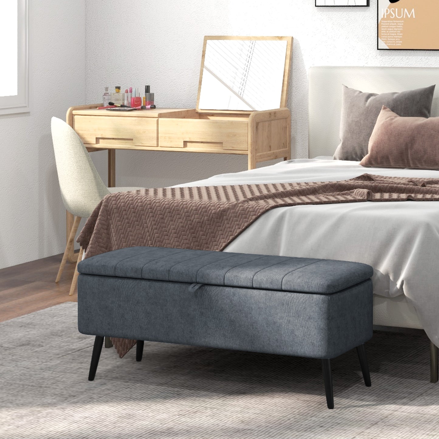 40" Linen Storage Ottoman Bench with Steel Legs, Dark Gray