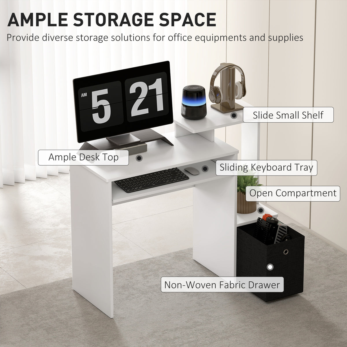 39" Computer Desk with Keyboard Tray, Drawer and Shelf, White