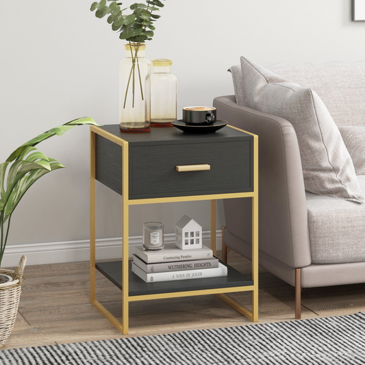 Modern Nightstands with Gold Steel Frame and Drawer, Black (Set of 2)