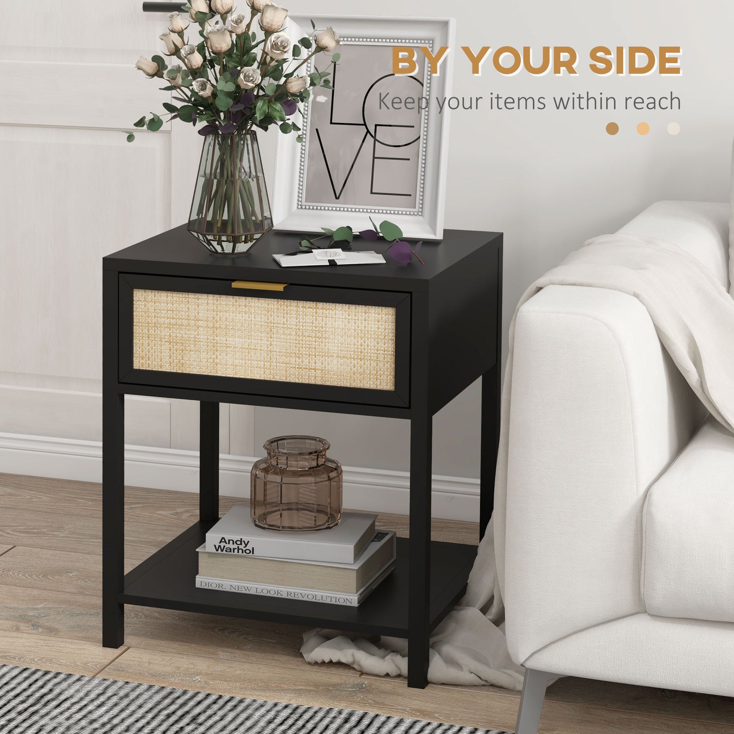 Boho Nightstand with Rattan Drawer and Open Shelf, Black
