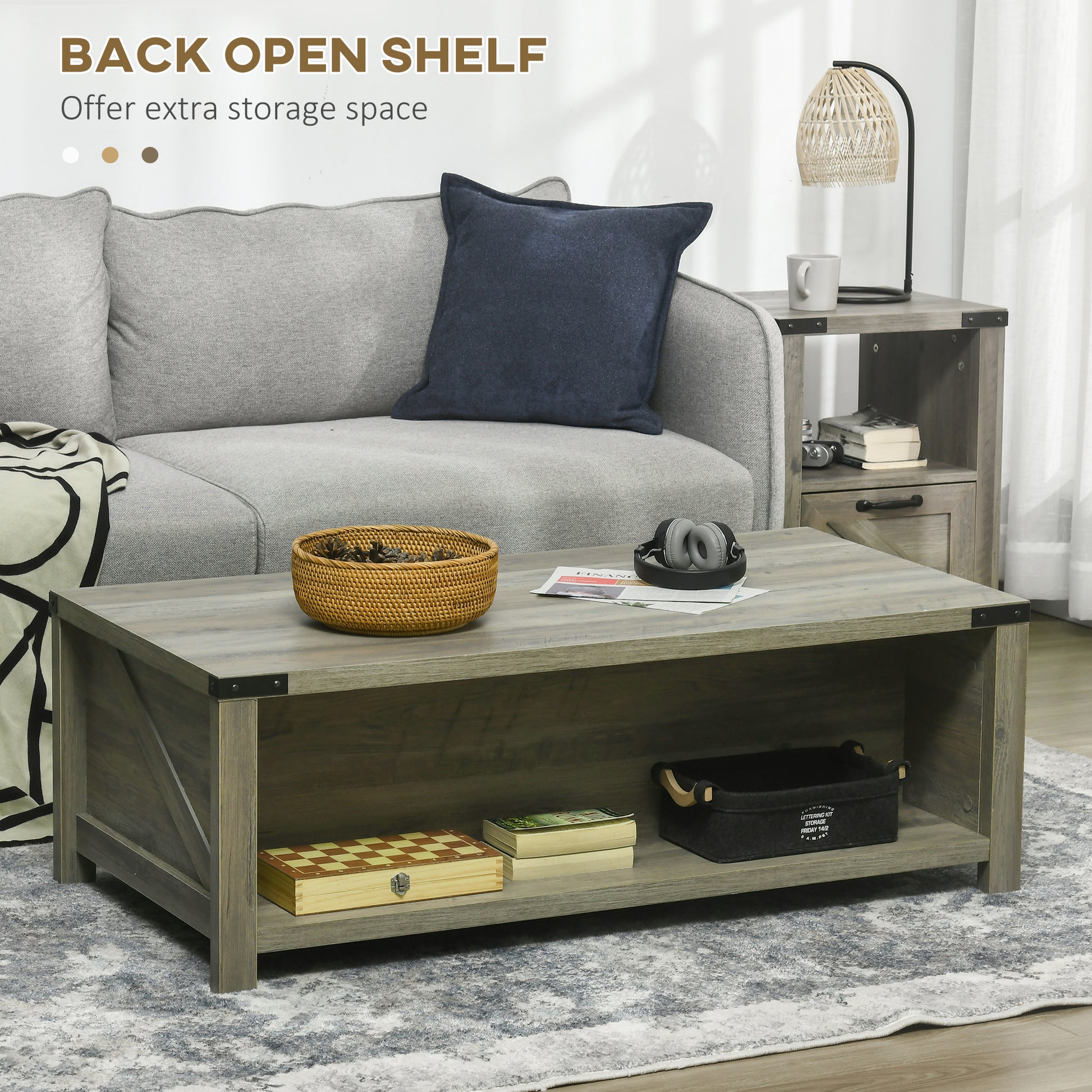 Lift-Top Coffee Table with Hidden Storage and Shelf, Grey