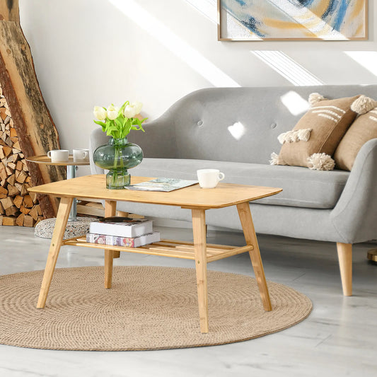 2-Tier Bamboo Coffee Table with Storage Shelf, Natural