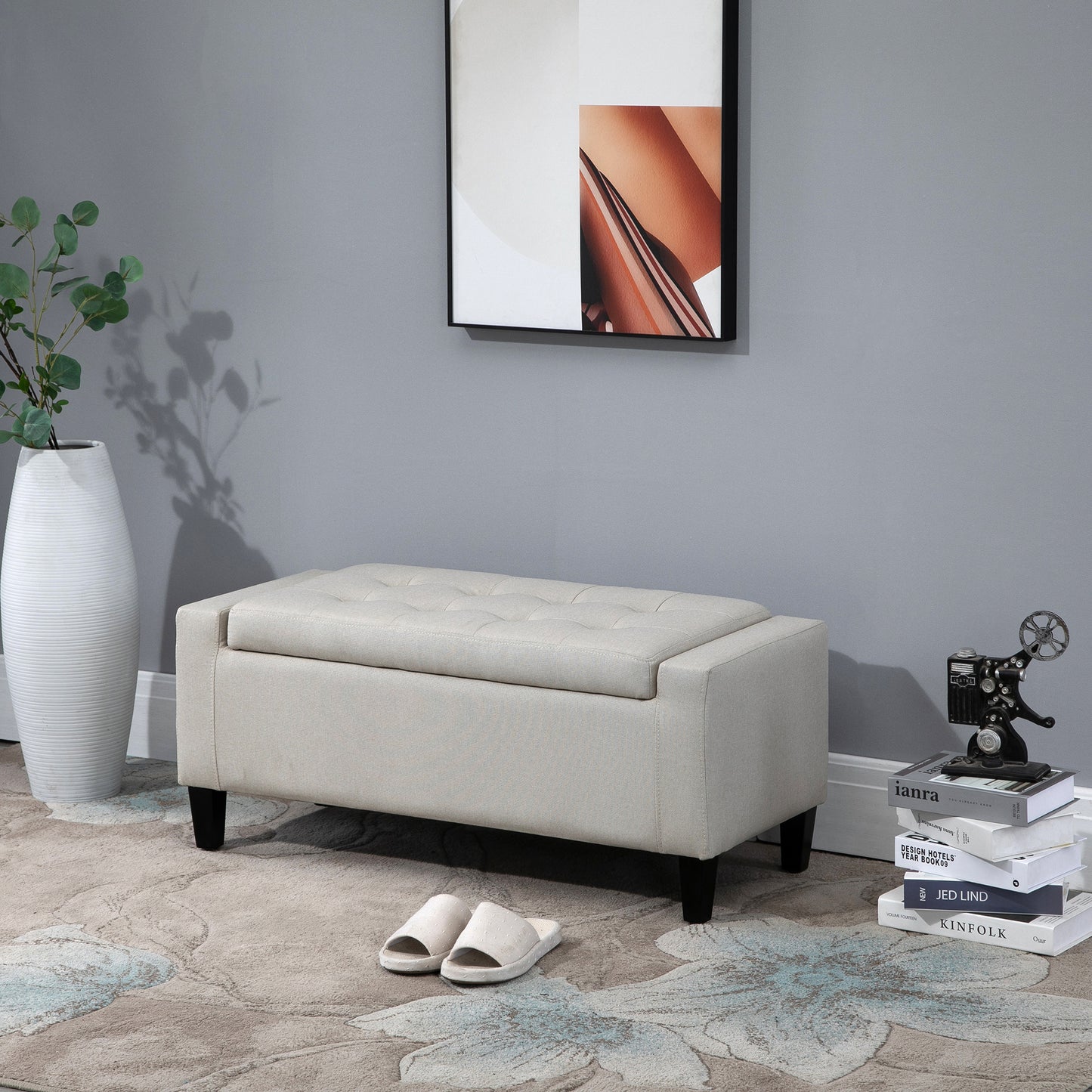 Linen-Touch Storage Ottoman Bench with Tufted Design, Beige