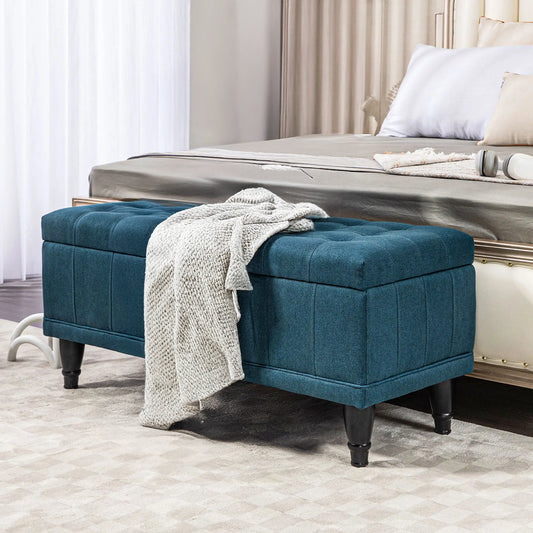 Linen Fabric Storage Bench with Button Tufted Design, Blue