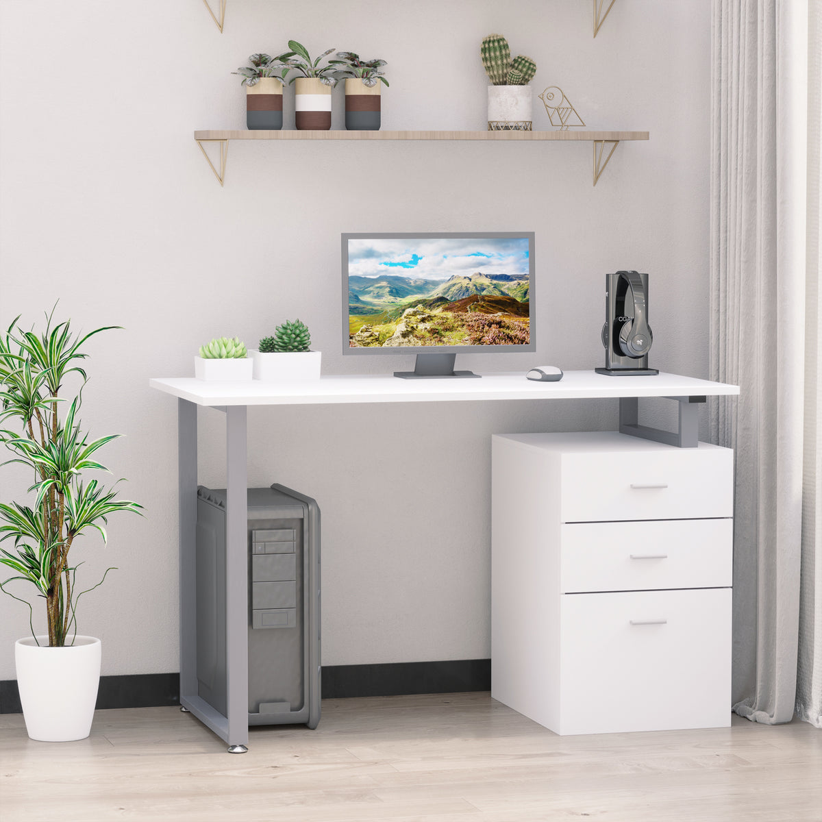 47" Computer Desk with Reversible 3-Drawer Cabinet, White