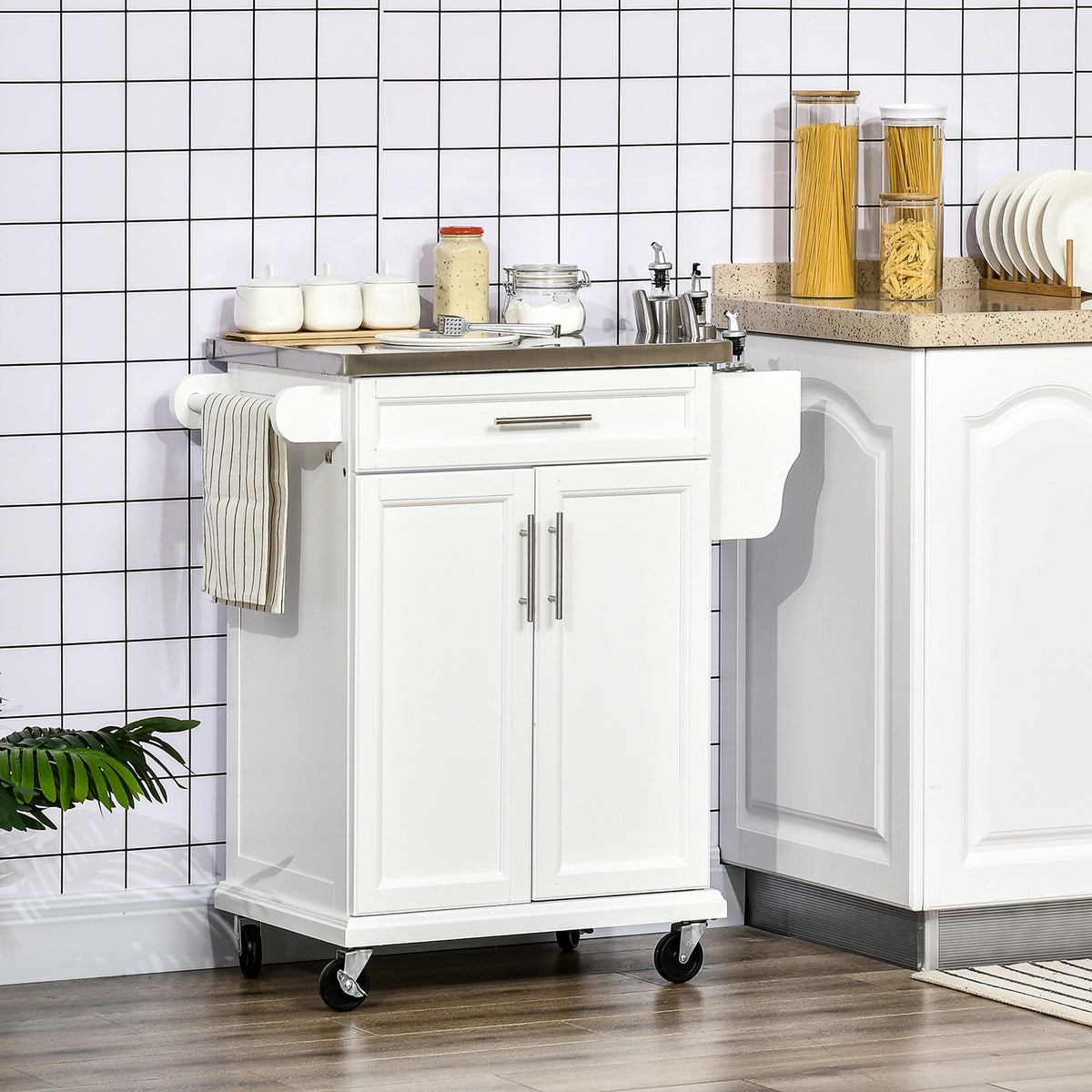 Rolling Kitchen Island Cart with Stainless Steel Top and Spice Rack and Towel Rack, White