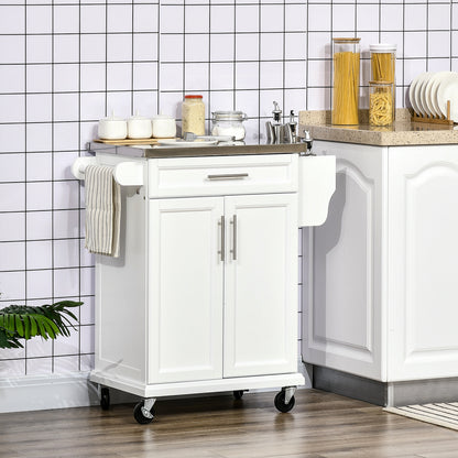 Rolling Kitchen Island Cart with Stainless Steel Top and Spice Rack and Towel Rack, White
