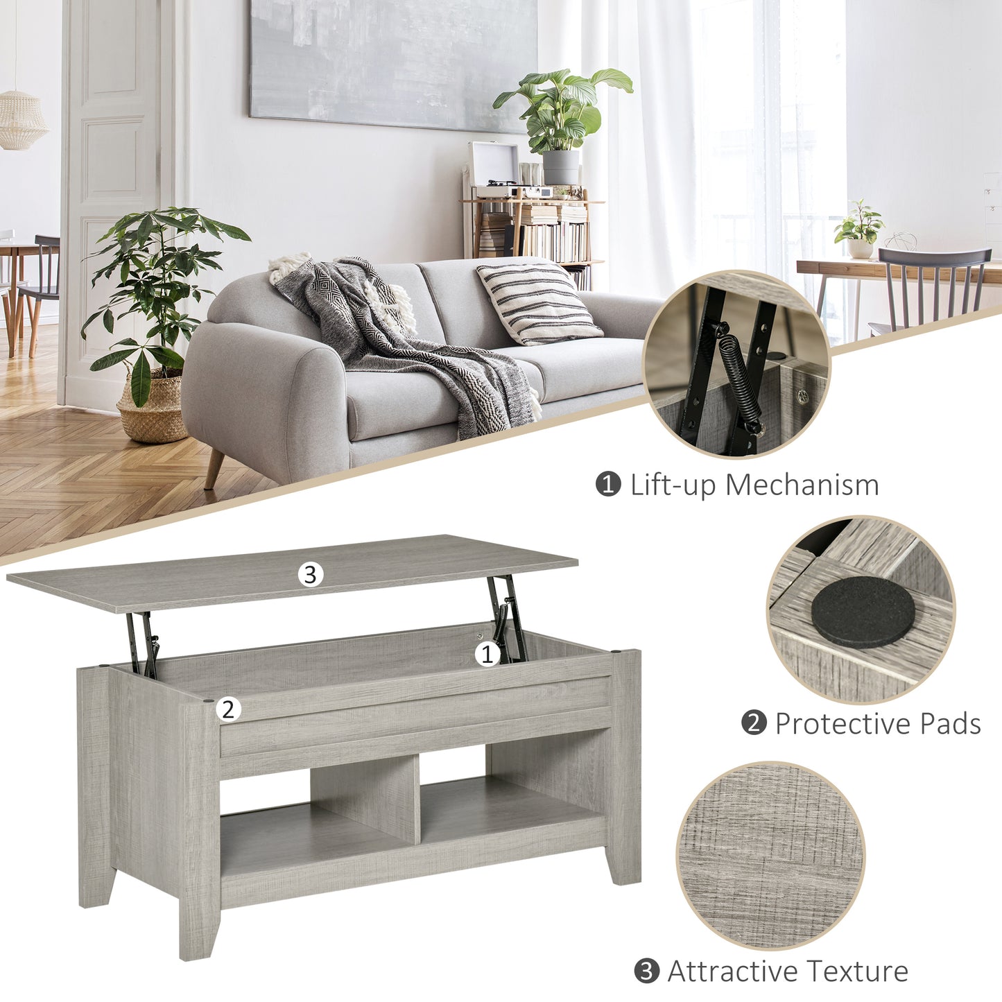 Lift Top Coffee Table with Hidden Storage, Light Gray