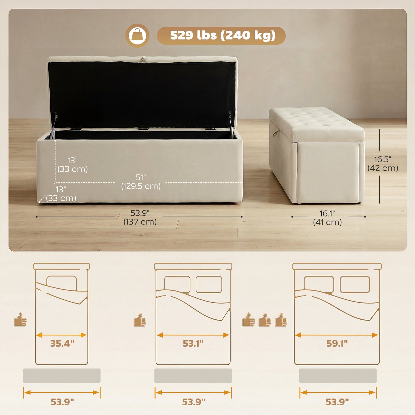 Upholstered Storage Bench with Wood Legs, Beige