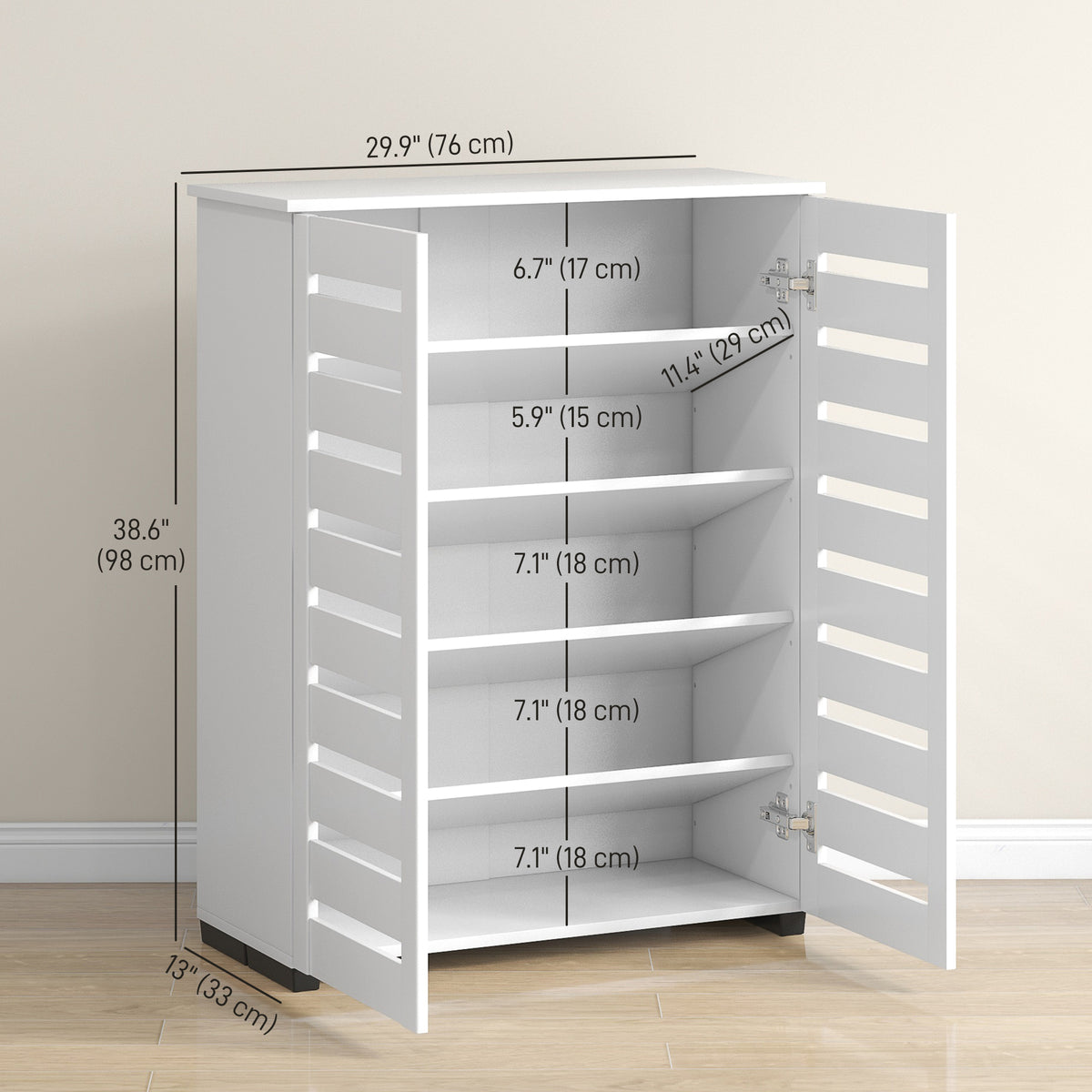 Slatted-Door Shoe Storage Cabinet, for 15 Pairs, White
