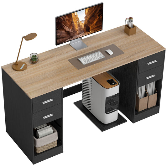 55" Computer Desk with Reversible Drawers and Mobile PC Stand, Black