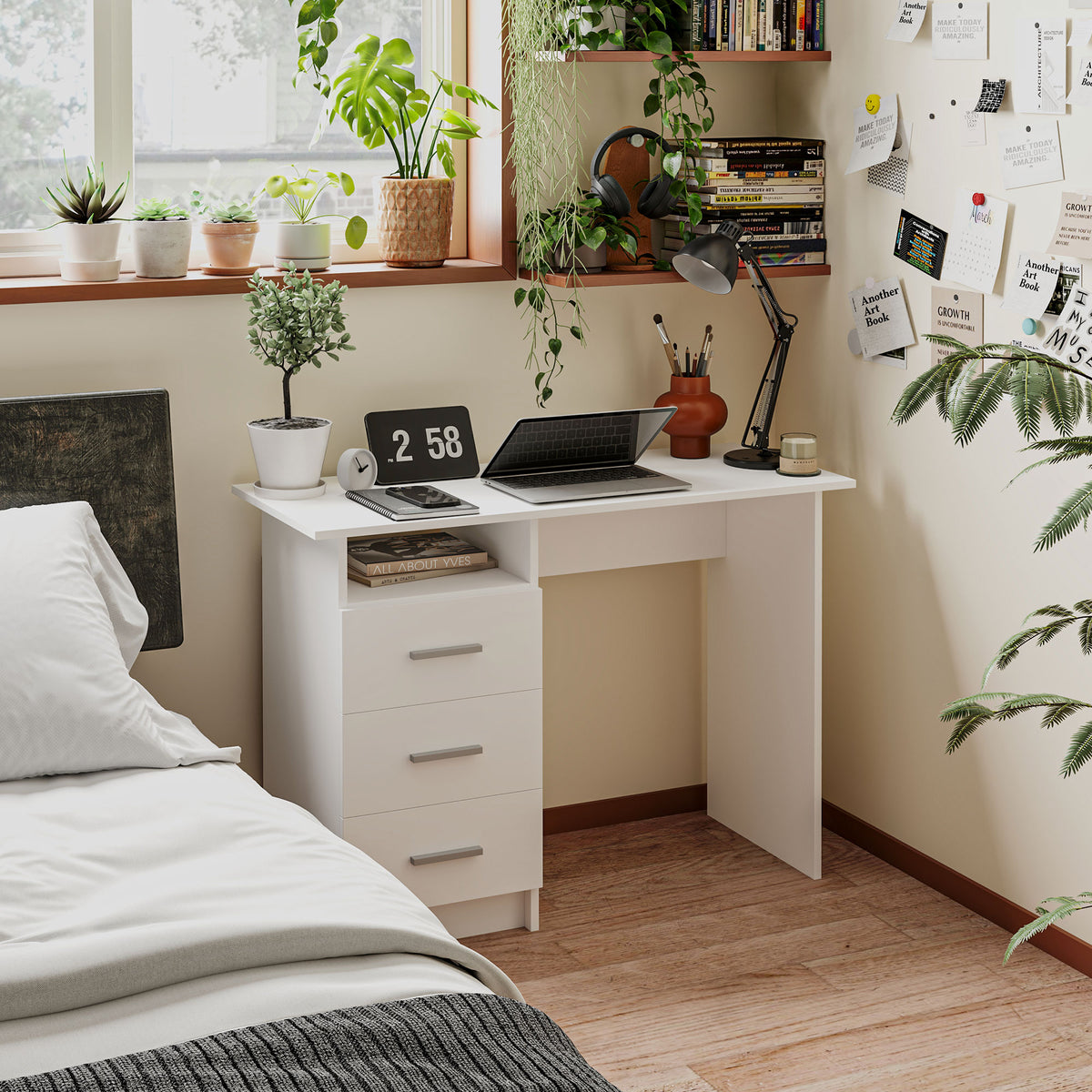 39" Computer Desk with 3 Drawers and Open Shelf, White