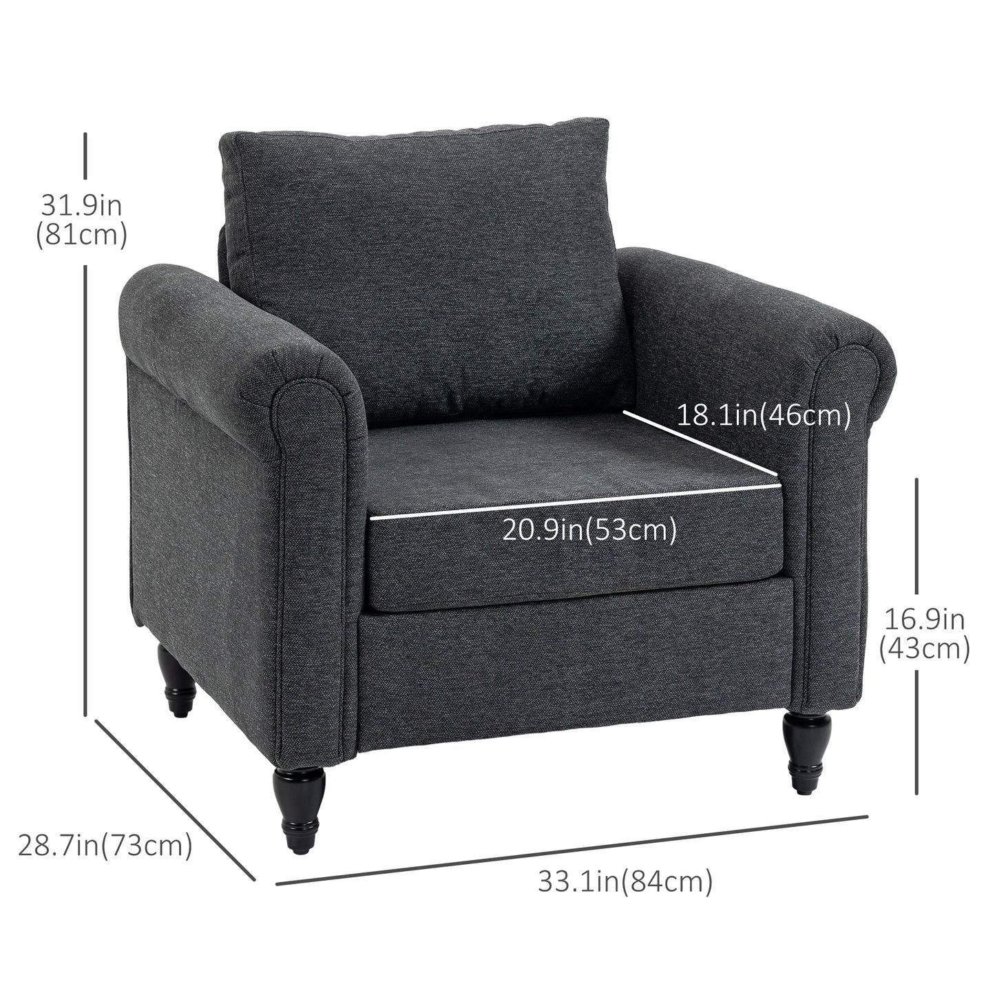 Vintage Armchair, Upholstered Accent Chair with Rolled Arms, Dark Gray