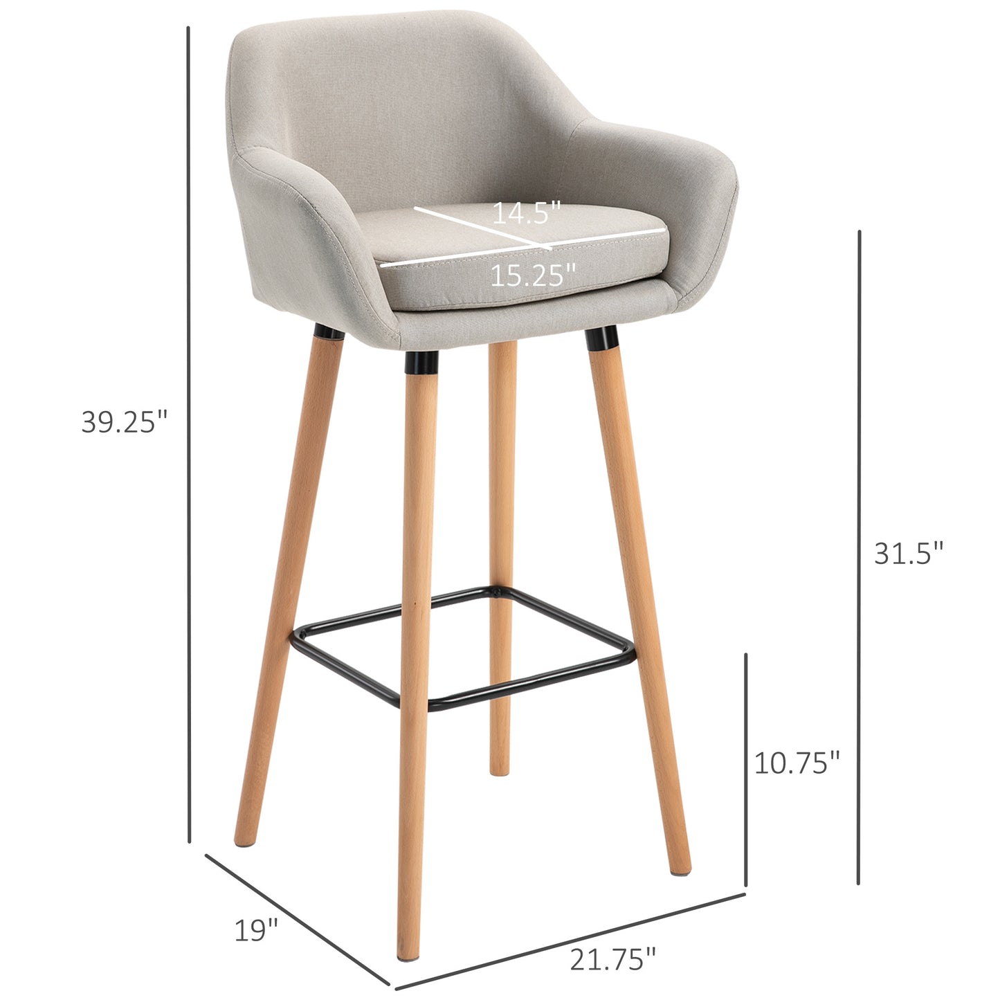 Bar Stools with Linen Fabric and Beech Wood Legs, Beige (Set of 2)