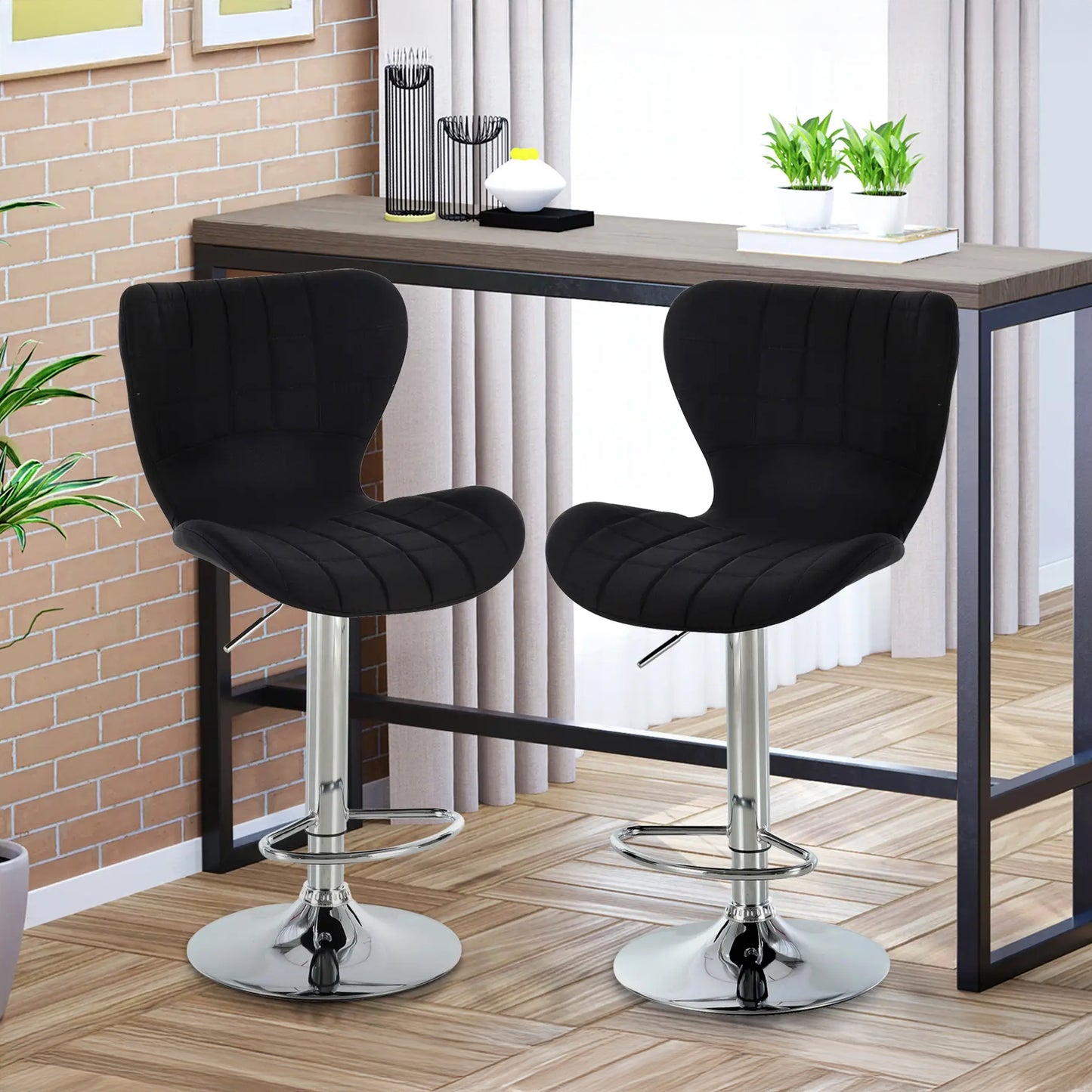 Adjustable Swivel Counter Stools with Linen Fabric, Black (Set of 2)