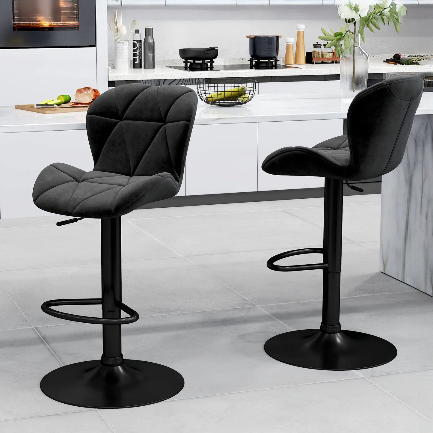 Velvet-Touch Adjustable Height Bar Stools with Diamond Tufting, Black (Set of 2)