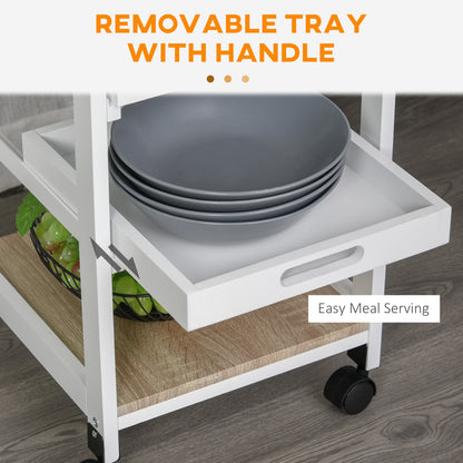 Rolling Kitchen Utility Cart with Drawer and Wire Basket, White