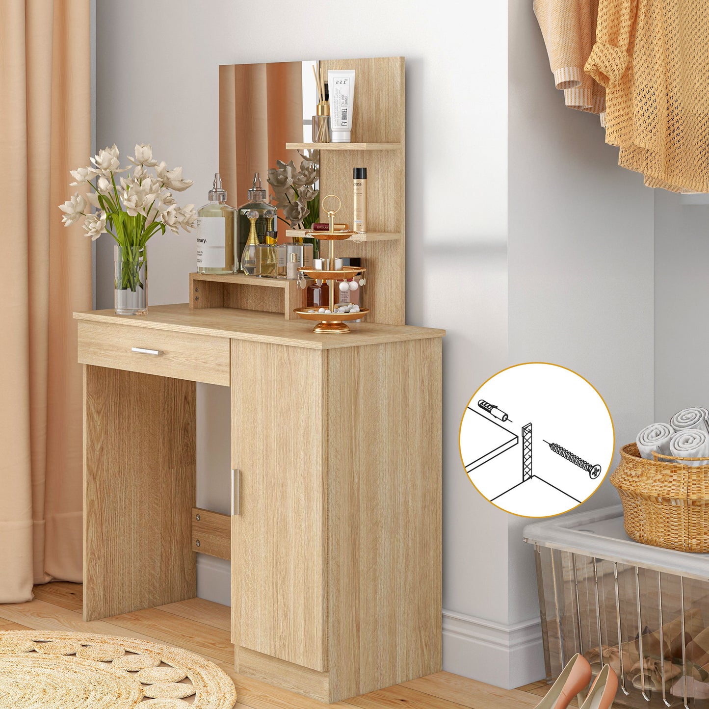 Dressing Table with Mirror, Drawer and Storage Shelves