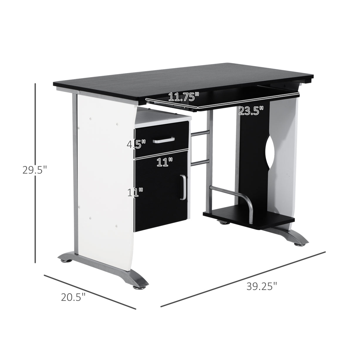 Computer Desk with Keyboard Tray and CPU Stand, Black and White