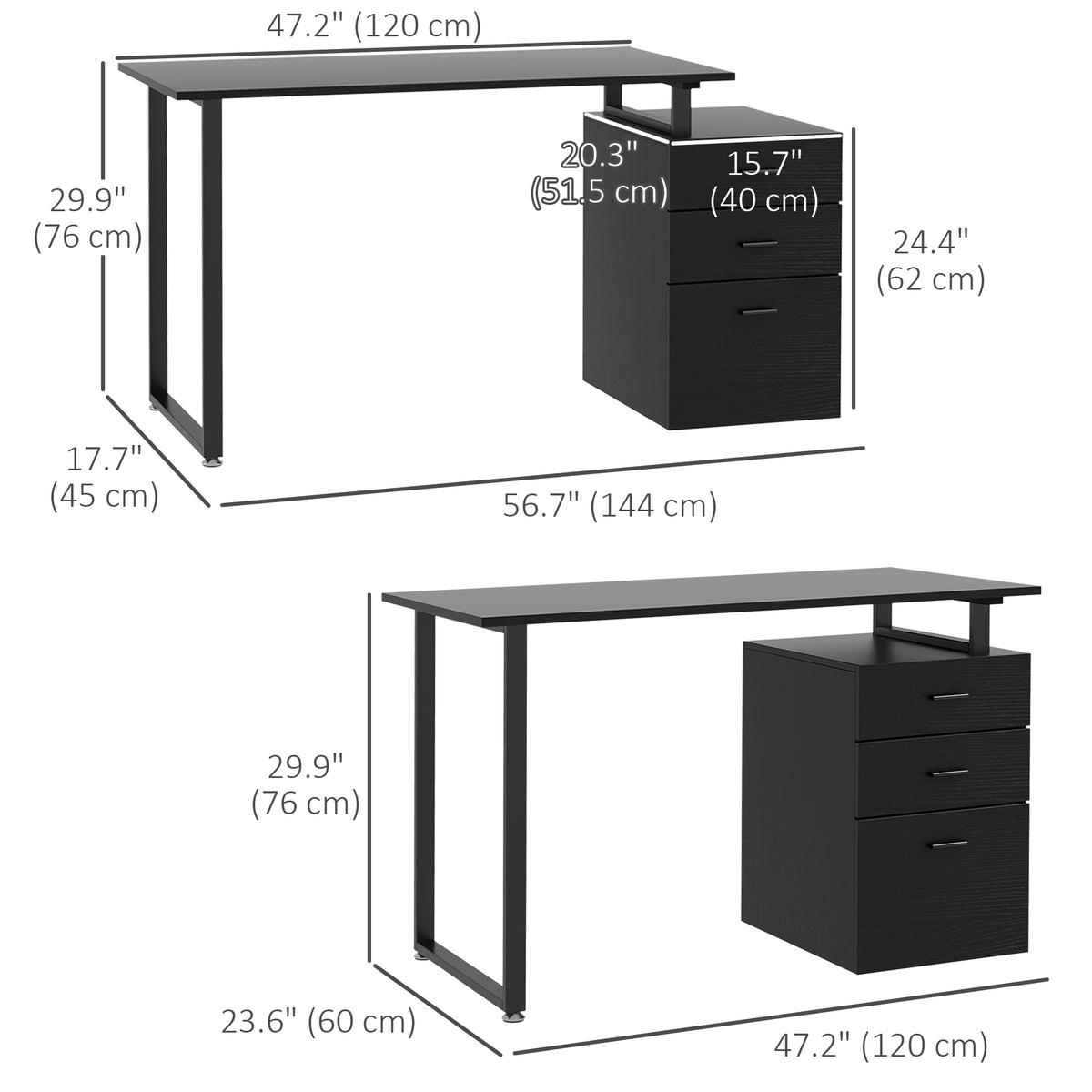 47" Computer Desk with Reversible 3-Drawer Cabinet, Black