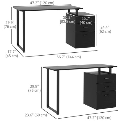 47" Computer Desk with Reversible 3-Drawer Cabinet, Black