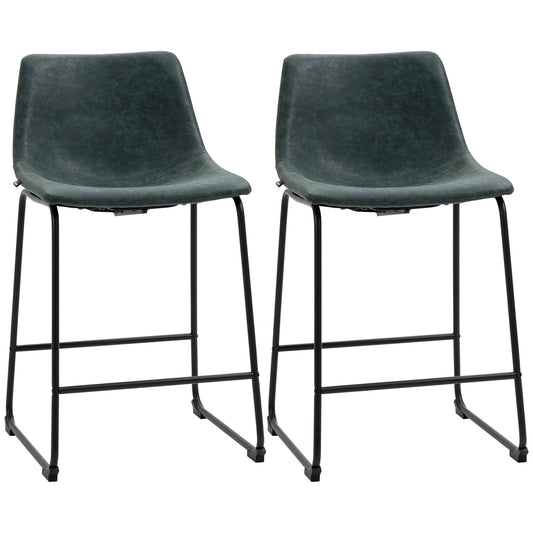 Counter-Height Bar Stools with PU Leather Upholstery and Footrest, Dark Green (Set of 2)